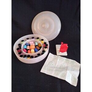 Vntg Bridges Plastic Products #100 Sewing Box Wooden Spools Thread Holder Thread